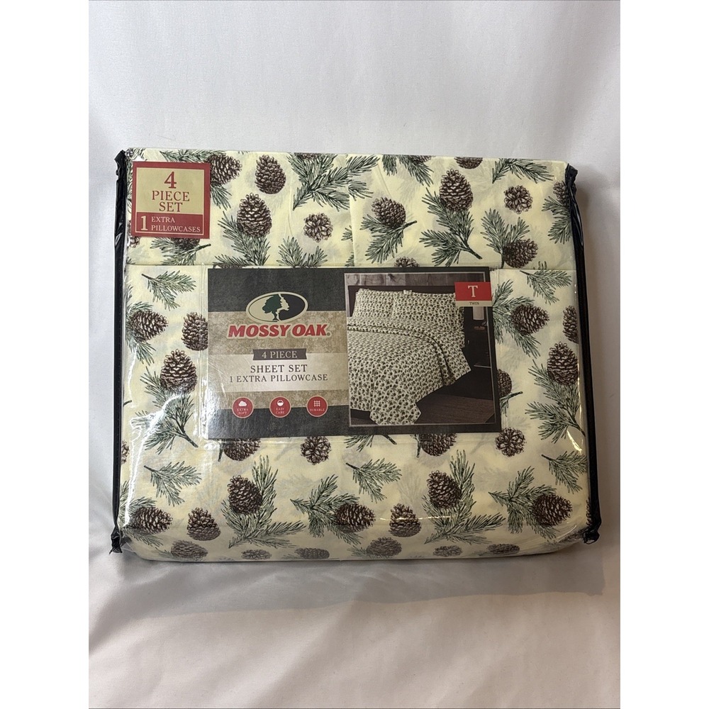 MOSSY OAK Pine Cones‎ 4 Pc Twin Sheet Set Lodge Cabin Outdoor Hunting NEW